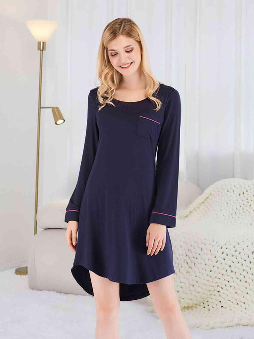 Nighttime Comfort Pocket Dress with Round Neck