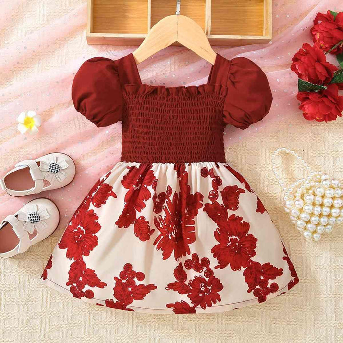 Baby Girl Floral Frill Trim Square Neck Smocked Dress Trendsi