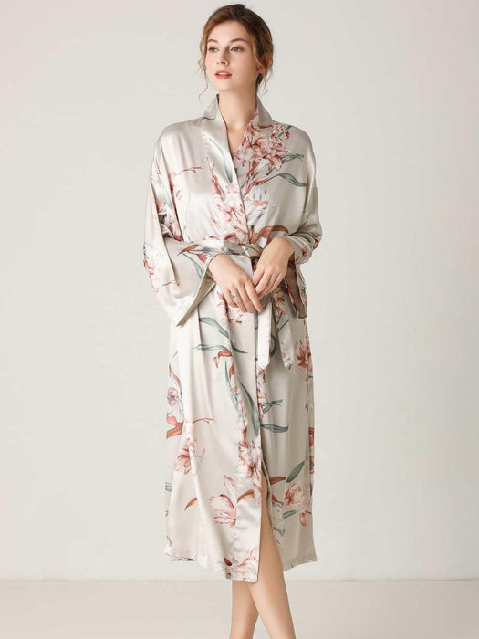 Sophisticated Floral Print Long Sleeve Robe with Tie Waist