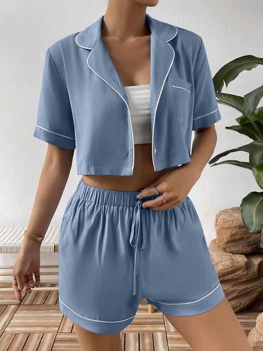 Lapel Collar Cropped Shirt and Shorts Lounge Set with Contrasting Details