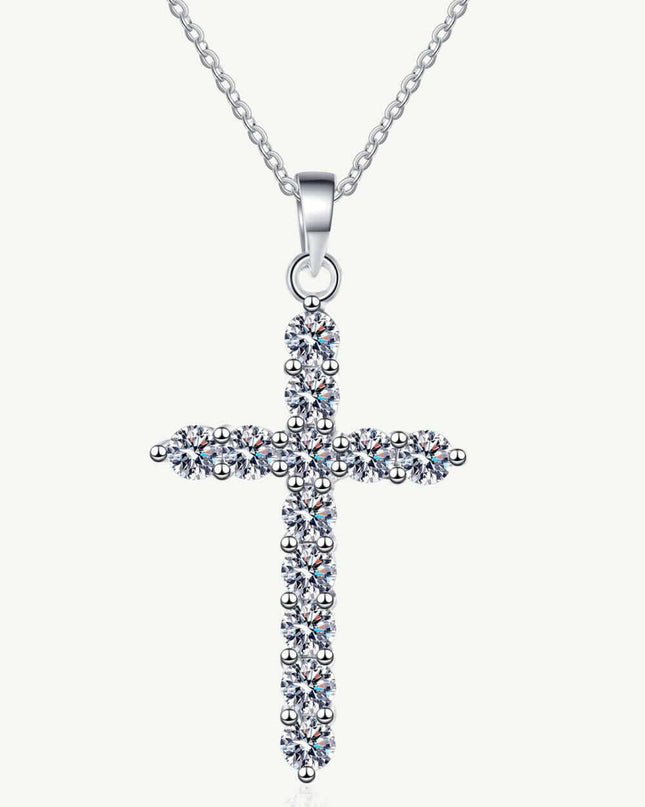 Elegant Rhodium-Finished Sterling Silver Cross Necklace with Lab-Diamonds