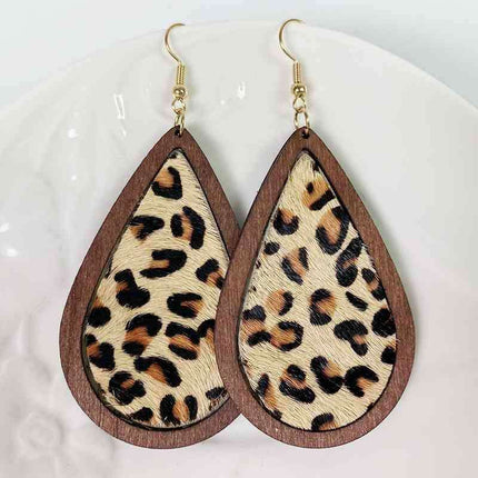 Rustic Elegance Cowhide Leather and Wood Teardrop Earrings - Bold Western-Inspired Statement Accessories