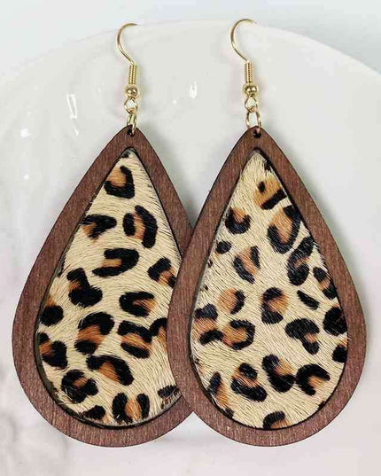 Rustic Elegance Cowhide Leather and Wood Teardrop Earrings - Bold Western-Inspired Statement Accessories