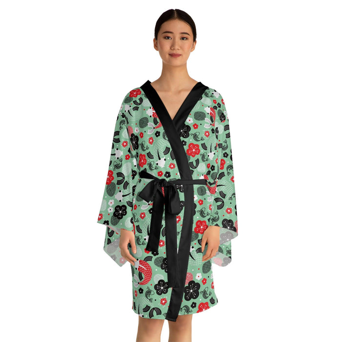 Graceful Japanese Art Inspired Bell Sleeve Kimono Robe