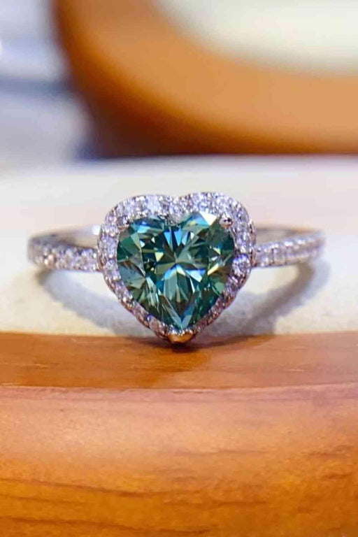 Moissanite Heart Ring with Zircon Accents in Sterling Silver and Platinum Finish