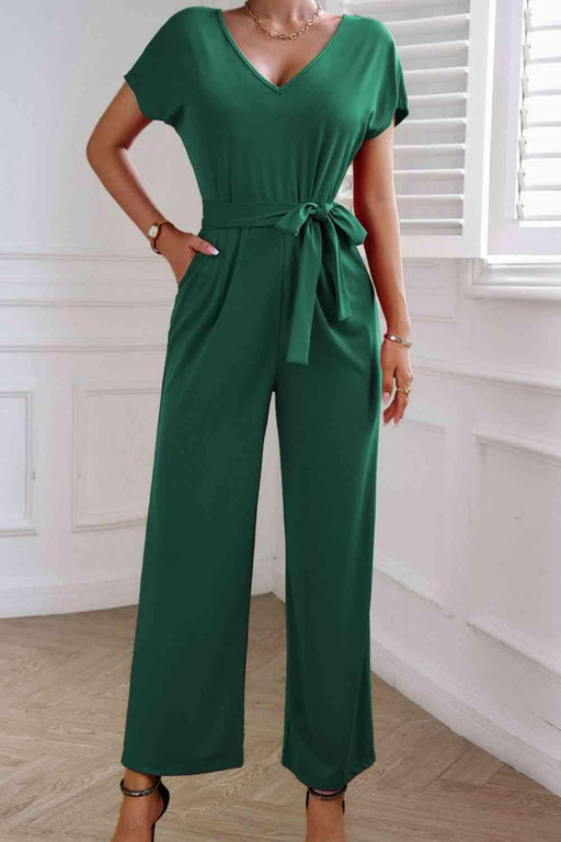 Trendy V-Neck Jumpsuit with Cinched Waist and Short Sleeves