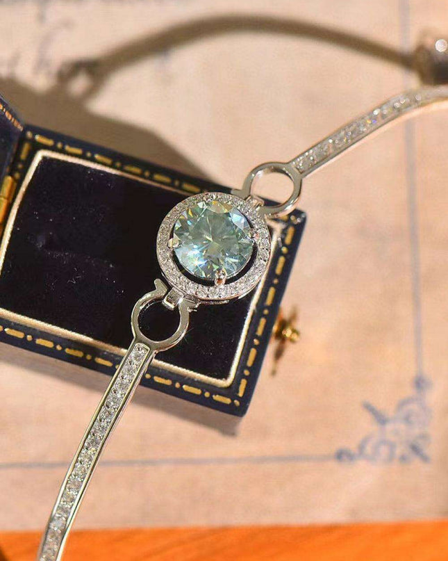 Elegant Moissanite-Studded Sterling Silver Bangle with Sparkling Zircon Details