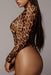 Leopard Print Sheer Mesh Bodycon Bodysuit with Scoop Neck