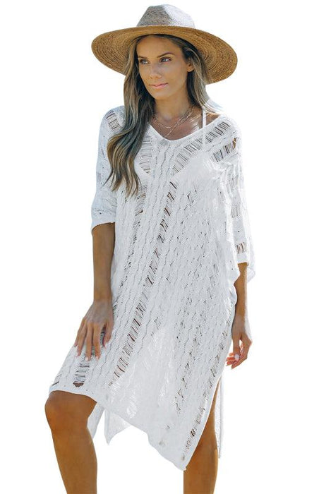 White Bohemian Style Knit Beach Cover Up Dress with Hollow-out Detail for Women