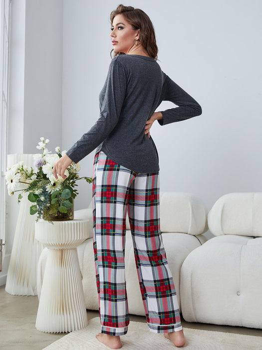 Plush Tartan Pajama Set with Buttoned-Up Blouse and Matching Trousers