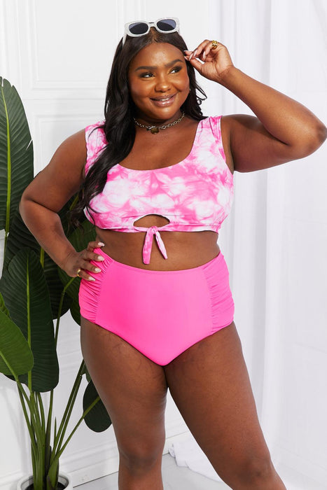 Pink Retro Tie-Dye Bikini Set with Ruched High Waisted Bottoms - Marina West Swim Sanibel Crop Swim Top and Ruched Bottoms Set in Pink