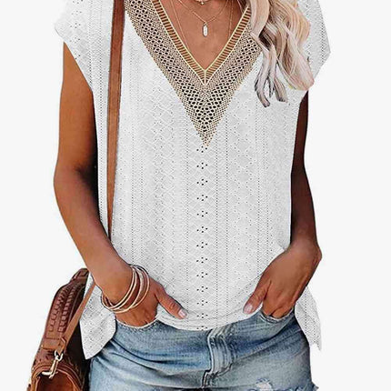 Elegant Eyelet Chevron V-Neck Tee with Stylish Openwork Design