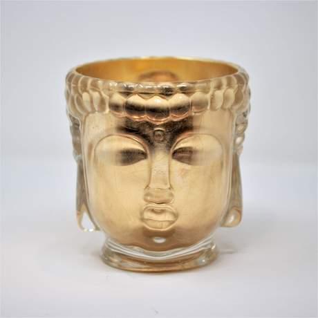 Luxurious 24K Gold Glass Buddha Head Candle with Ambrette and Sandalwood Fragrance Notes