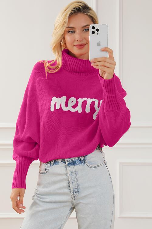 Cozy "Merry" Embroidered Turtleneck Sweater