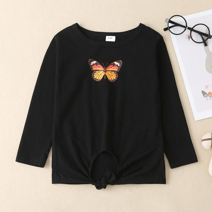 Butterfly Print Round Neck Long Sleeve Tee for Kids