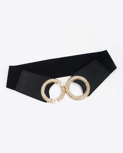 Elegant Circle Buckle Wide Stretch Belt in Premium PU with Unique Zinc Alloy Fastener