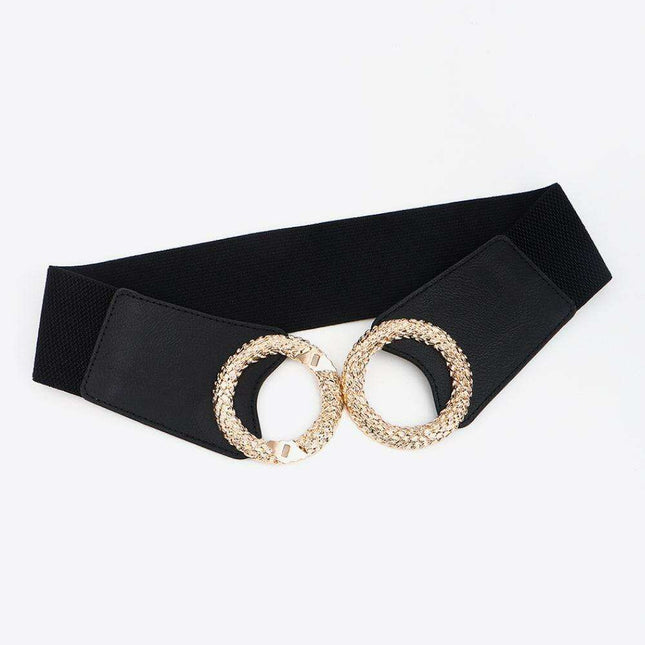 Elegant Circle Buckle Wide Stretch Belt in Premium PU with Unique Zinc Alloy Fastener