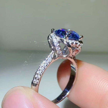 Elegant Cobalt Blue Moissanite Ring Set with Zircon Accents and Certificate of Authenticity