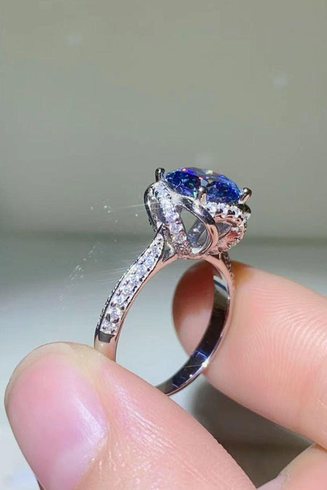 Elegant Cobalt Blue Moissanite Ring with Zircon Accents and Certificate