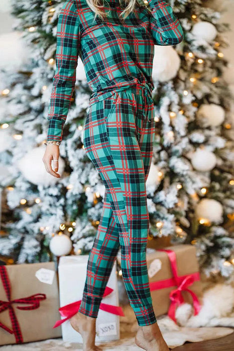 Cozy Plaid Lounge Set with Long Sleeve Top and Pants - Casual Plaid Two-Piece Lounge Set