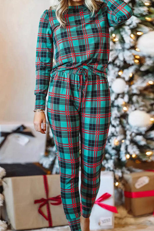 Cozy Plaid Lounge Set with Long Sleeve Top and Pants - Casual Plaid Two-Piece Lounge Set
