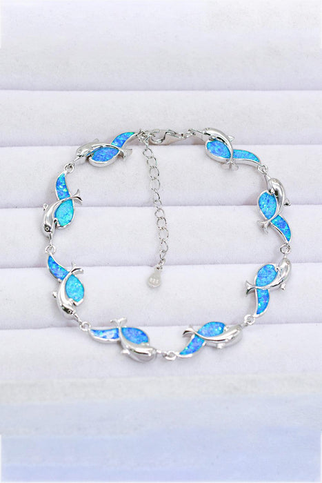 Opal Dolphin Sterling Silver Bracelet with Platinum Finish - Elegant Sea-inspired Opulence