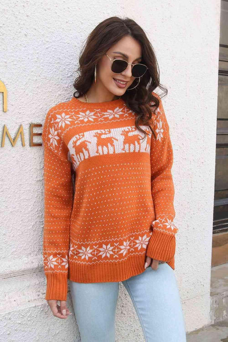 Cozy Winter Reindeer Print Pullover Sweater with Dropped Shoulders