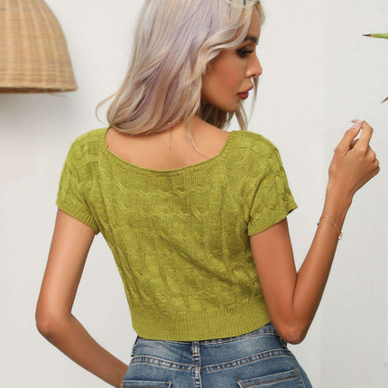 Chic Cropped Cable-Knit Square Neck Sweater with Short Sleeves