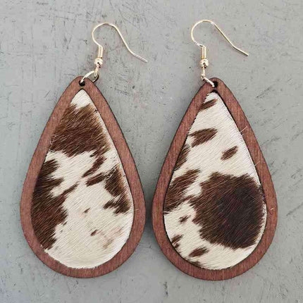 Rustic Elegance Cowhide Leather and Wood Teardrop Earrings - Bold Western-Inspired Statement Accessories