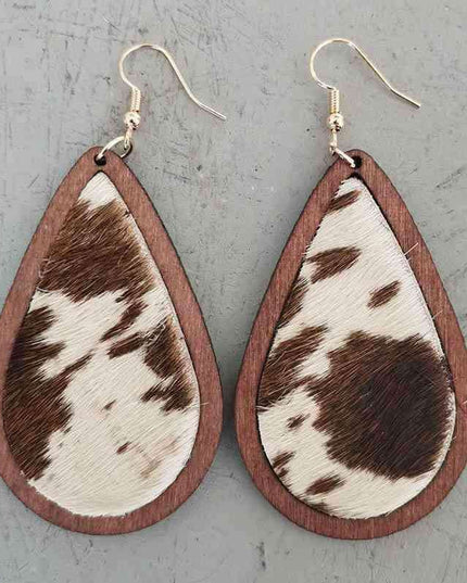 Rustic Elegance Cowhide Leather and Wood Teardrop Earrings - Bold Western-Inspired Statement Accessories