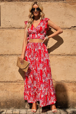 Printed Tie Back Cropped Top and Maxi Skirt Set-Trendsi-Red-S-Très Elite