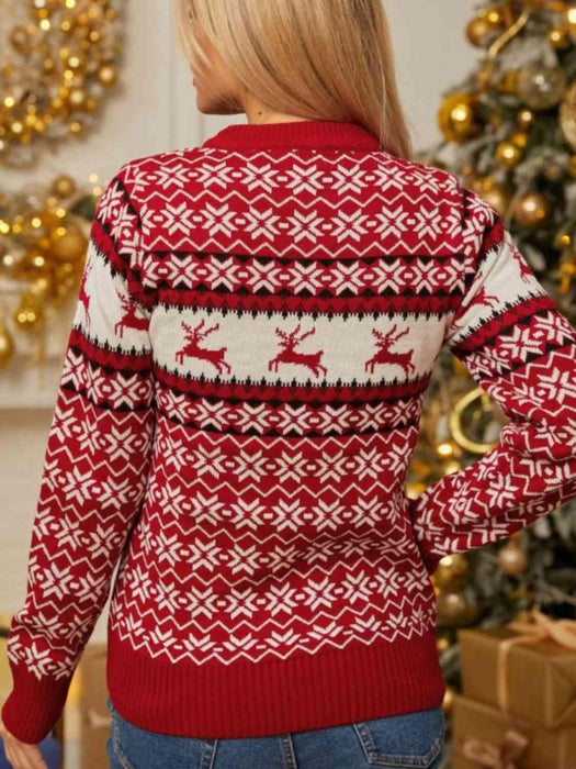 Cozy Reindeer Snowflake Print Winter Sweater