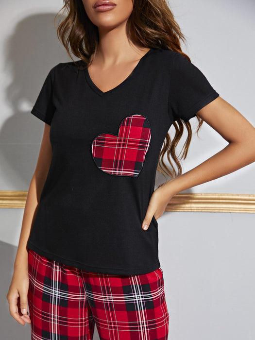 Cozy Plaid Lounge Set with V-Neck Top and Matching Trousers