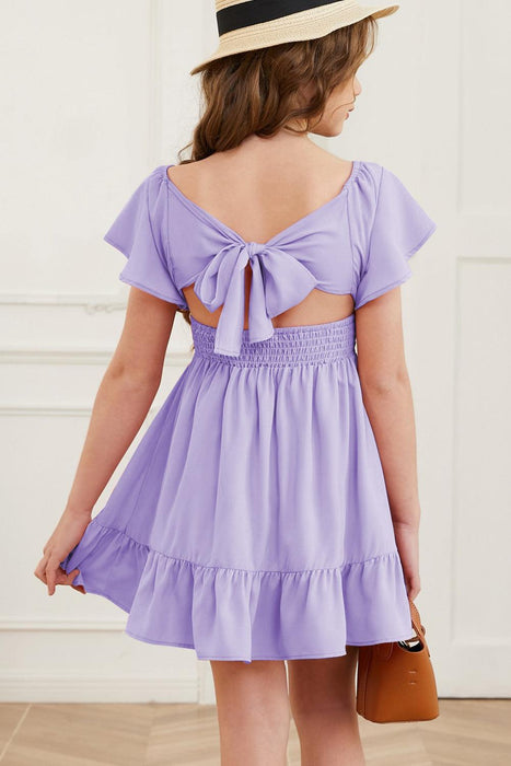 Ruffle Hem Square Neck Mini Dress with Tie-Back Flutter Sleeves