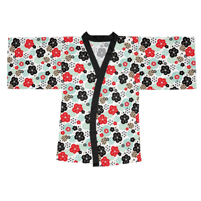 Japanese Floral Kimono Robe with Bell Sleeves and Belt