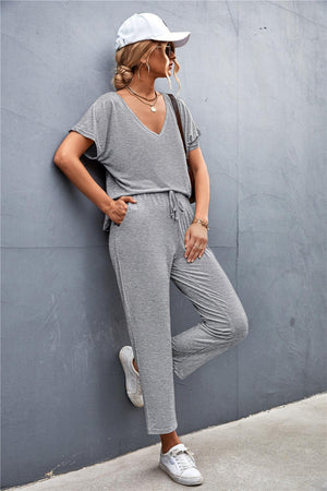 V-Neck Short Sleeve T-Shirt and Drawstring Waist Pants Set-Trendsi-Gray-S-Très Elite