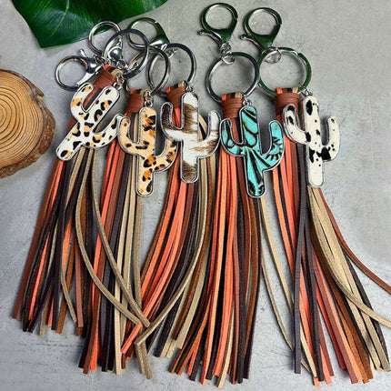 Whimsical Cactus Keychain with Leather Tassel - Trendy Keyring Fashion
