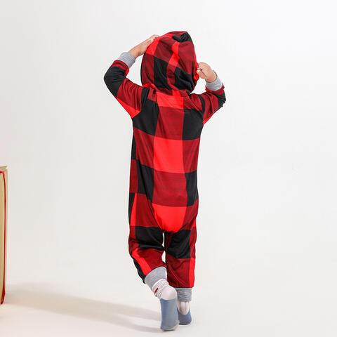 Baby Bear Plaid Hooded Jumpsuit with Cute Graphic