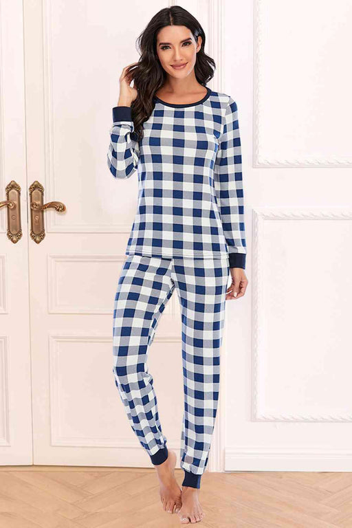 Classic Plaid Ensemble with Round Neck Top and Pants