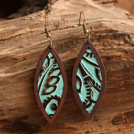 Rustic Western Wood and Leather Geometric Dangle Earrings