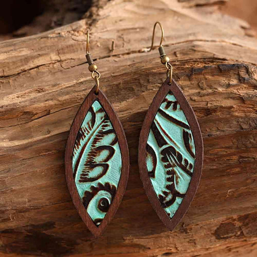 Wooden Geometric Drop Earrings with Leather Accents