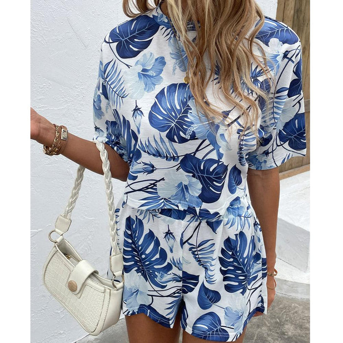 Floral Drop Shoulder Top and Shorts Set with Round Neck - Casual Floral Two-Piece Set