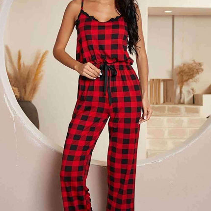 Elegant Spaghetti Strap Plaid Jumpsuit with Lace Detailing