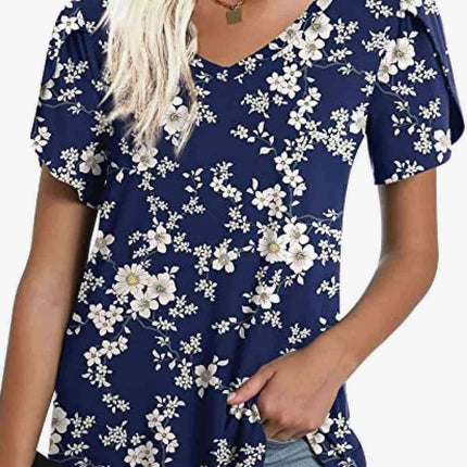 Chic Floral V-Neck Top with Delightful Petal Sleeves