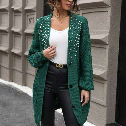 Sophisticated Pearl-Embellished Cable-Knit Cardigan with Practical Pockets