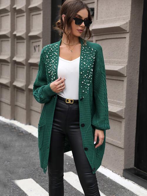 Pearl Embellished Cable-Knit Button Up Cardigan