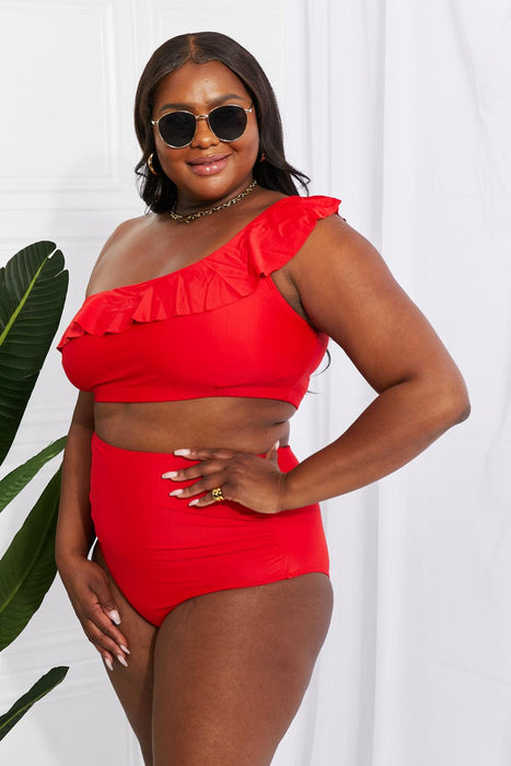 Seaside Red Romance One-Shoulder Ruffle Bikini Set by Marina West