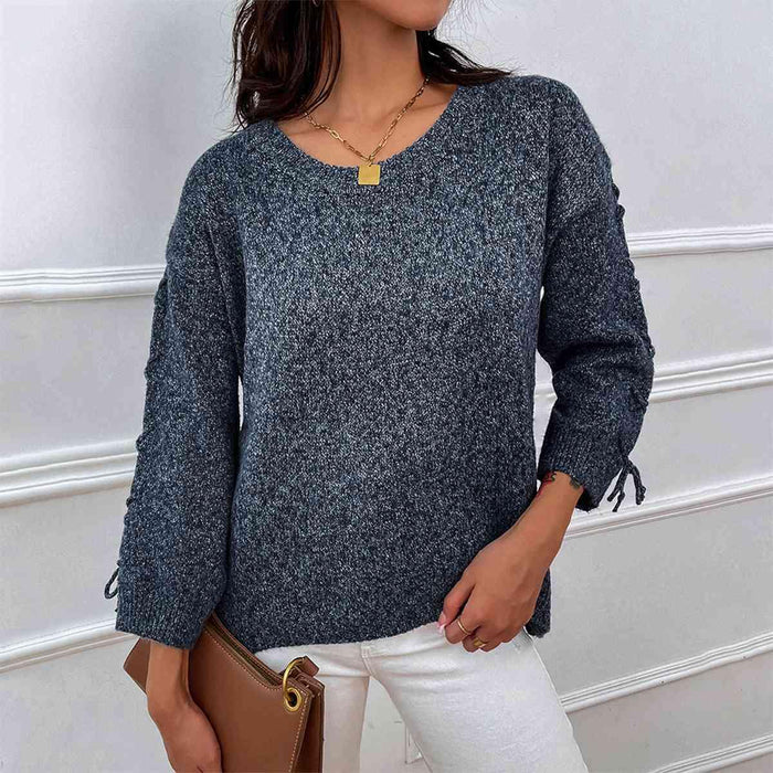 Lace-Up Detail Cozy Knit Sweater with Round Neck