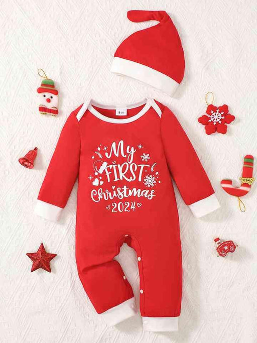 Holiday Graphic Print Baby Romper Set with Matching Beanie