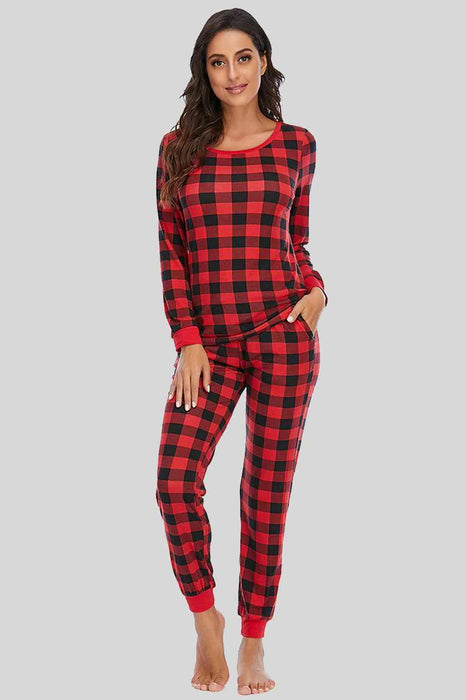 Plaid Chic Round Neck Top and Pants Set